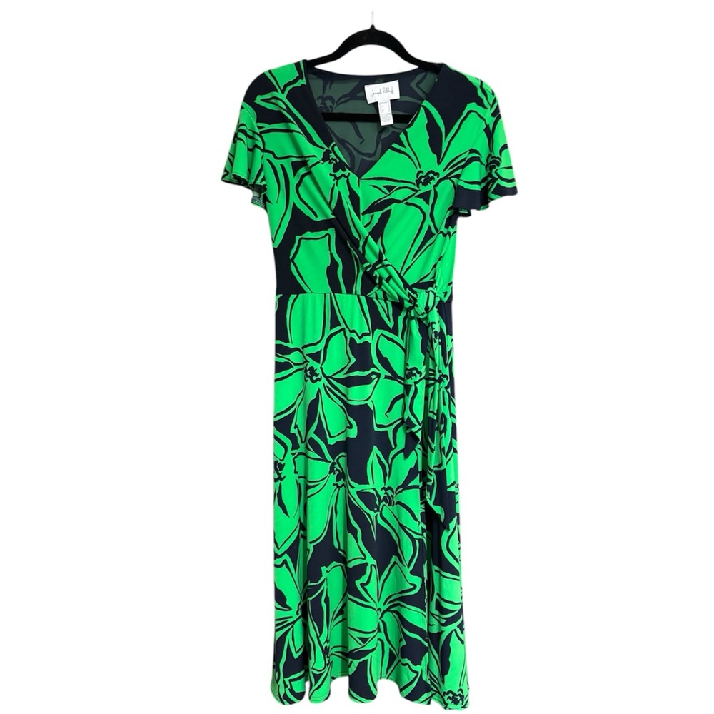 Joseph Ribkoff Floral Wrap Dress US 10 UK 12 Green Navy Midi Slit Vacation Soft